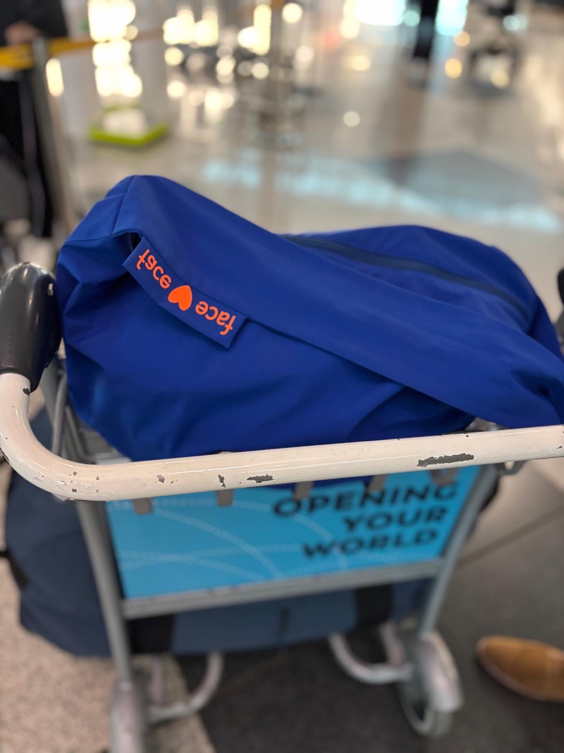 Blaue Facetoface Tasche auf Gepäckwagen